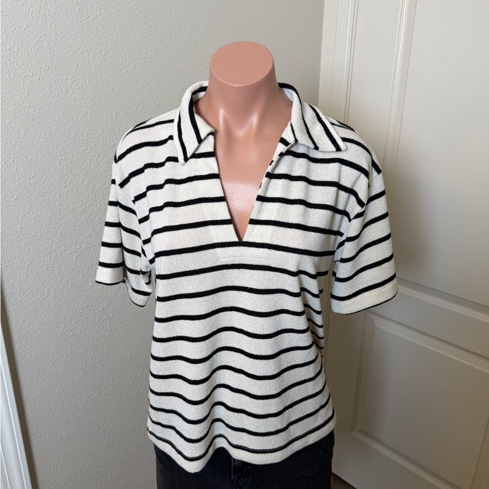 H&M Loose Fit Striped Black and White Polo Shirt Sz S